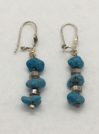 Vintage Sterling Silver Dangle Earrings Blue Turquoise Jewelry 1 - 5/8” Drop