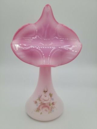Fenton Glass Pink Hand Painted Signed Jack In The Pulpit Vase 1991