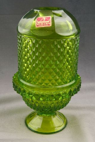 Vintage Viking Glass Diamond Point Fairy Lamp Green With Label
