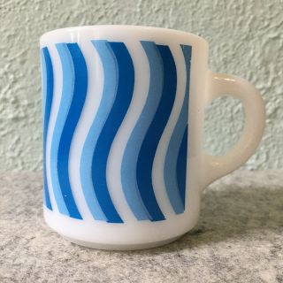 Vintage Hazel Atlas Platonite Milk Glass Mug Coffee Cup Rare Wavy Blue Stripes