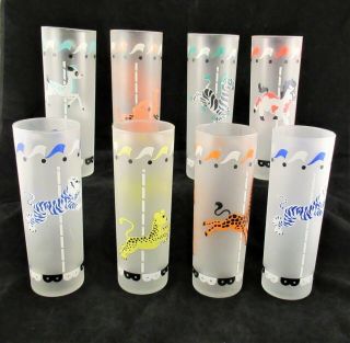Set Of 8 Vintage Libbey Frosted Circus Carousel Tom Collins Drink Glasses Vgc
