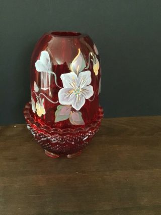 Red Fenton Glass Fairy Light Candle Holder - Hand Painted - Sticker