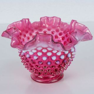 Vintage Fenton Cranberry White Opalescent Glass Hobnail Rose Bowl Ruffled Vase