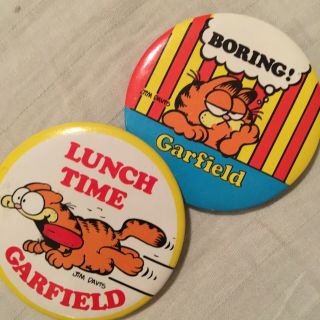 2 Garfield Cartoon Pin - Back Buttons,  Vintage 1980’s Comic Badges,  About 2.  25”