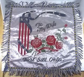 Vintage Wwii Sweetheart Silk Pillow U.  S.  Army Fort Sill Okla.