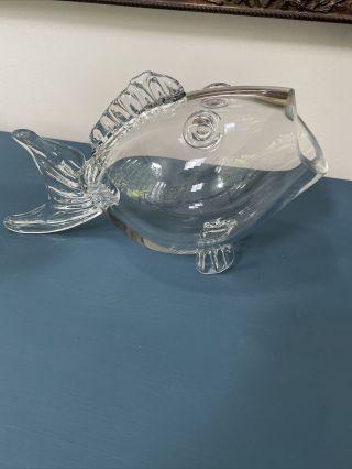 Vtg Mid Century Modern Clear Art Glass Fish Bowl Vase Hand Blown Blenko Style