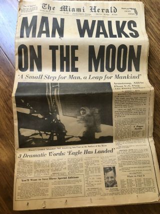 The Miami Herald: Man Wallks On The Moon Monday,  July 21 1963 Vintage Newspaper