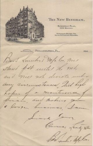 Vtg 1900s The Bingham Hotel Letterhead Bard Lumber Mfg Co Philadelphia Pa