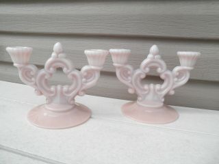 Vintage Pair Cambridge Glass Crown Tuscan Candle Holders Lovely Creamy Pink
