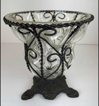 Vintage Blown Glass Caged Vase With Cast Iron Base