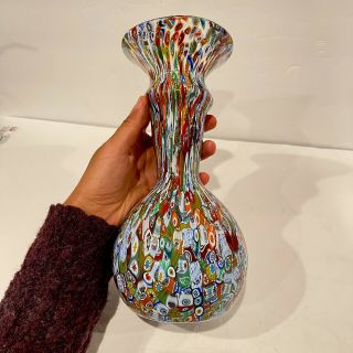 Large Vintage Hand Blown Millefiori Colorful Art Glass Vase