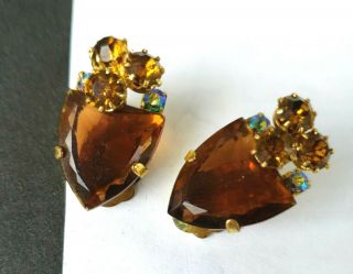 Vintage Juliana Clip On Earrings Ab And Large Trian Topaz Rhinestone Golden 1 "