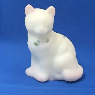 Fenton White Satin Hand Painted Signed Sitting Cat With Pink Blush