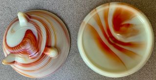 Scarce HTF Akro Agate ORANGE SWIRL Footed Bowl & Lid Threaded Dish Great Color 2