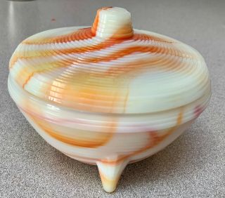 Scarce HTF Akro Agate ORANGE SWIRL Footed Bowl & Lid Threaded Dish Great Color 3