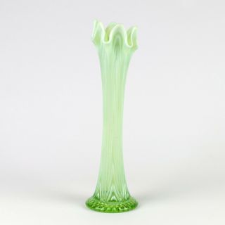 Fenton Green Opalescent Reverse Drapery Swung Vase,  Antique Eapg Boggy Bayou 12 "