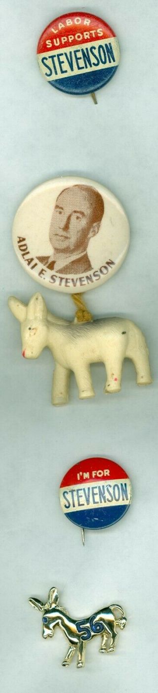 4 Vtg.  1952 - 56 Presidential Campaign Pinback Buttons - Adlai Stevenson - Labor
