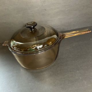 Vintage Vision Corning Ware 2.  5 L Amber Glass Sauce Pan Pot,  Lid Usa