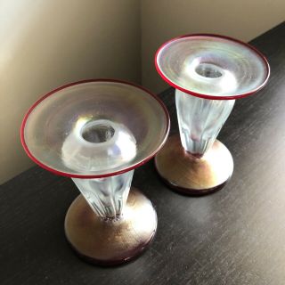Fine Pair Rick Strini Iridescent Blown Art Glass Candle Holders Vases Signed Nr