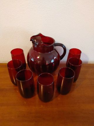 Vintage Ruby Red Anchor Hocking Ball Pitcher W/ 7 12 Ounce Glasses Ice Lip