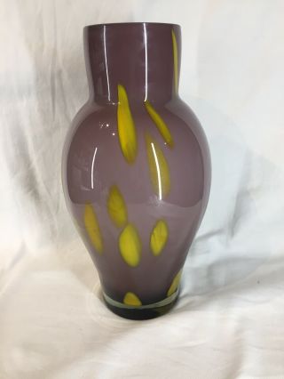 Large Art Glass Vase Purple & Yellow,  White Lined Inside.