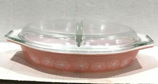 Vtg Pyrex Pink Daisy Divided Casserole Dish W/lid 1.  5 Qt Oval Pre - Owned