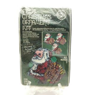 Vintage Felt & Sequin Christmas Ornament Craft Kit Santa Claus Makes 3