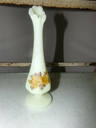 Vintage Fenton Custard Satin 8 " Bud Vase Hp Yellow Roses Louise Piper