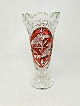 Vintage Bohemian Cut Clear To Ruby Red Crystal Vase With Bird Design Two Sided