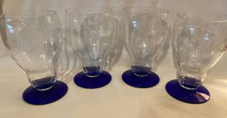 Set Of 4 Vintage Weston Louie Cobalt Blue Footed Optic Wheel Cut Water Glasses