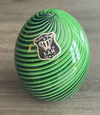 Golden Crown E & R Italy Green Black Swirl Egg Paperweight 3 3/4” Tall