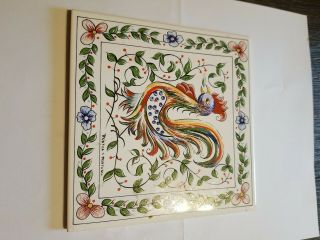 Vintage Azupal Handpainted Rooster Design Ceramic - Tile Made In Portugal