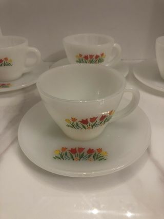 Vintage Fire King Tulip Pattern Milk Glass Cups & Saucers Set Of 4