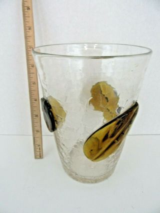 Blenko ? Hand Blown Clear Crackle Glass Vase With Applied Brown Leaves