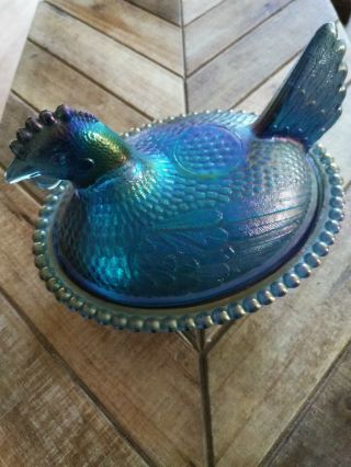 Vtg Indiana Glass Teal Blue Green Irridescent " Hen On Nest " Carnival Glass