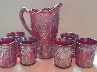 Set Of Imperial Glass Pitcher Sunset Ruby And 6 Glasses