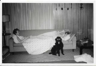 Vintage Photo Girls On Couch Ready For Sleeping By Dog