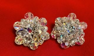 Vintage Cluster Clip On Earrings Stunning Clear Ab Faceted Glass Beads Euc