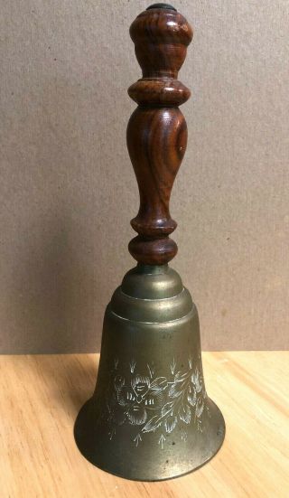 Old Vintage Collectible Brass Etched Wood Wooden Handle Hand Ringing Bell School