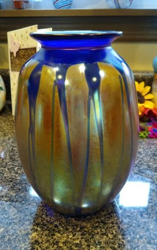Rick Hunter Iridescent Cobalt And Gold Glass Vase 7 "
