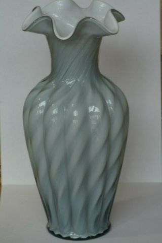 Fentonart Glass Vase Grey & White Swirl Cased Glass 11 1/4 " Large Ruffle