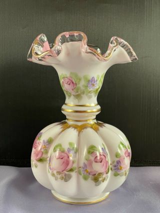 Vintage Fenton Pink&white Cased Glass Silver Crest Charleton Melon Vase