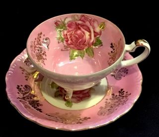 Vntg L M Royal Halsey 3 Footed Fine Bone China Tea Cup,  Pink W/ Pink Roses,  Gold