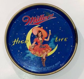 Vintage 13 " Miller High Life Beer Girl On Moon Metal Serving Bar Tray