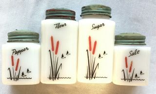 Vintage Tipp City Usa Milk Glass " Cattails " Range Set Salt Pepper Flour Sugar