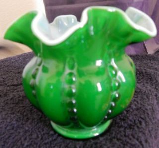 Early Fenton Art Glass Tiara Ivy Green Overlay Beaded Melon 4 " Vase
