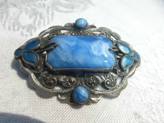 Gorgeous Vintage Art Deco Czech Blue Glass Enamel Silver Tone Brooch Pin