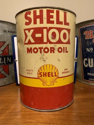 Vintage Shell X - 100 5 Quart Oil Can Metal Empty No Top