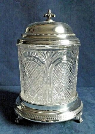 Good Large Silver Plate & Glass Gothic Styled Biscuit Barrel C1880