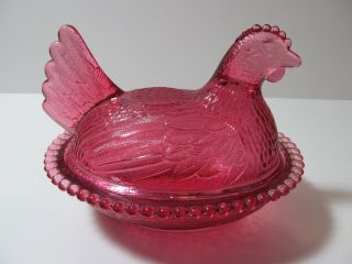 Rare Vintage Indiana Glass 7 " Hen On Nest Magenta Art Dish